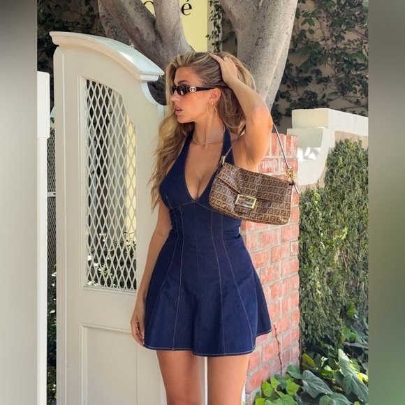 Zara Navy Halter denim jeans mini Dress - Picture 2 of 8